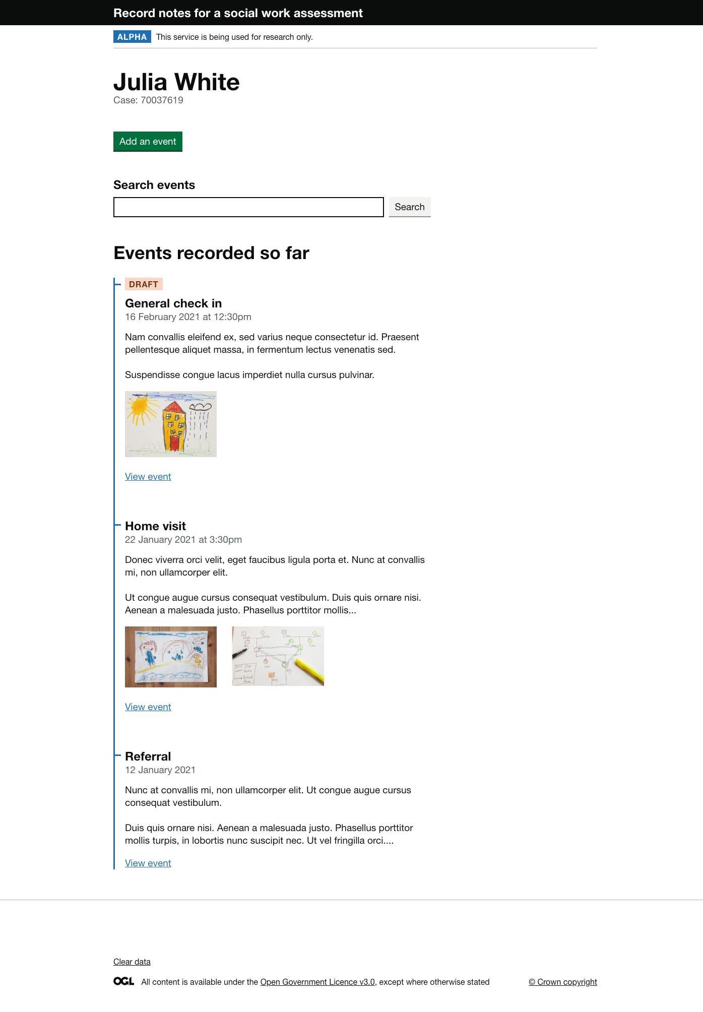 Screenshot showing a prototype of the social worker recording interface